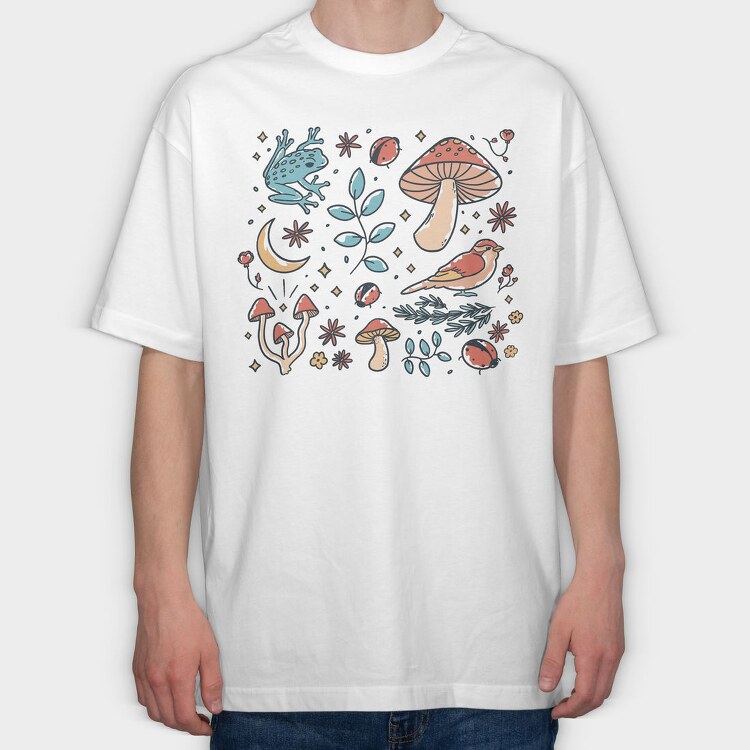 Forest Elements Mushroom Bird Frog, Tricou Oversize Barbati (Unisex)