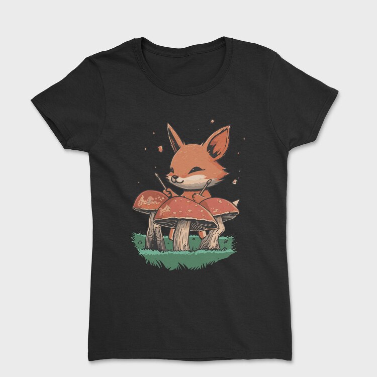 Fox Playing Drums On Mushrooms Cute, Tricou Femei