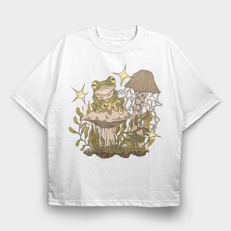 Frog And Mushrooms On, Tricou Oversize Barbati (Unisex)