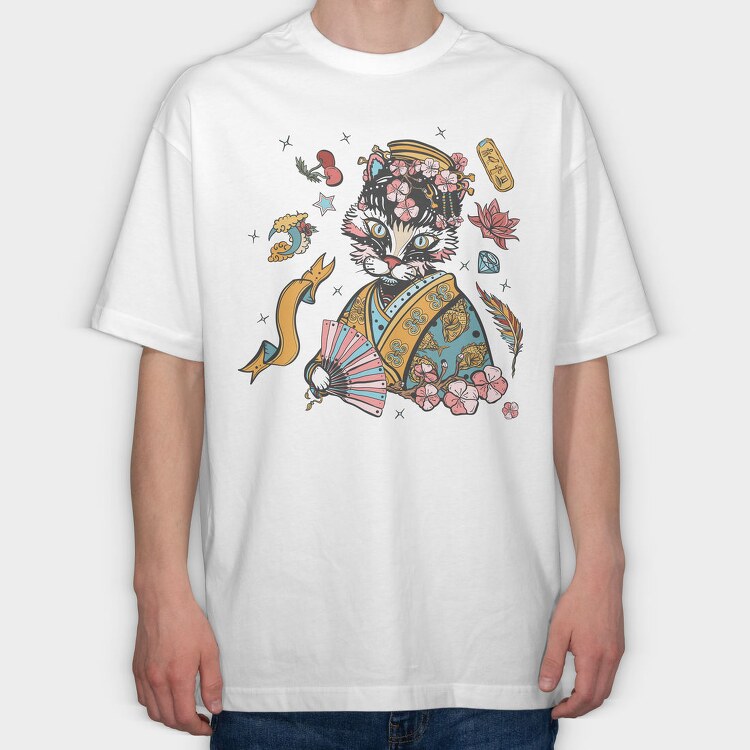 Cat Cherry Blossom, Tricou Oversize Barbati (Unisex)