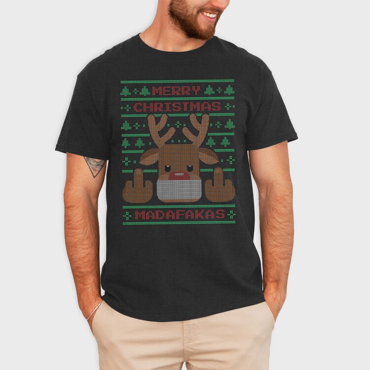 Reindeer Middle Finger Ugly Sweater, Tricou Barbati (Unisex)