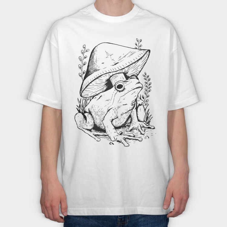 Frog And Mushroom Hand Drawn, Tricou Oversize Barbati (Unisex)
