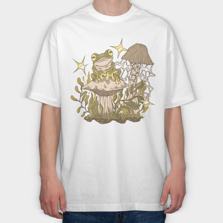Frog And Mushrooms On, Tricou Oversize Barbati (Unisex)