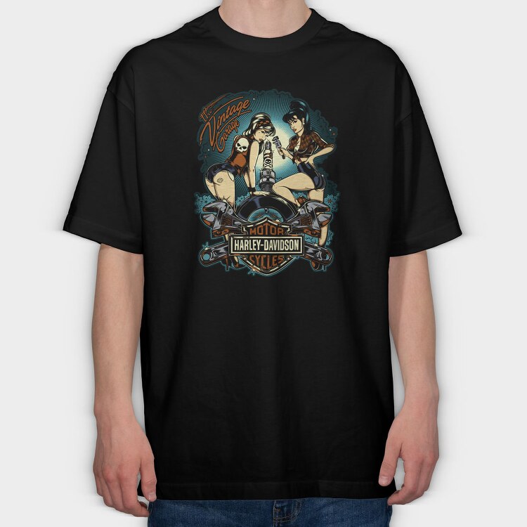 Vintage Garage Biker Girls Harley Davidson, Tricou Oversize Barbati (Unisex)
