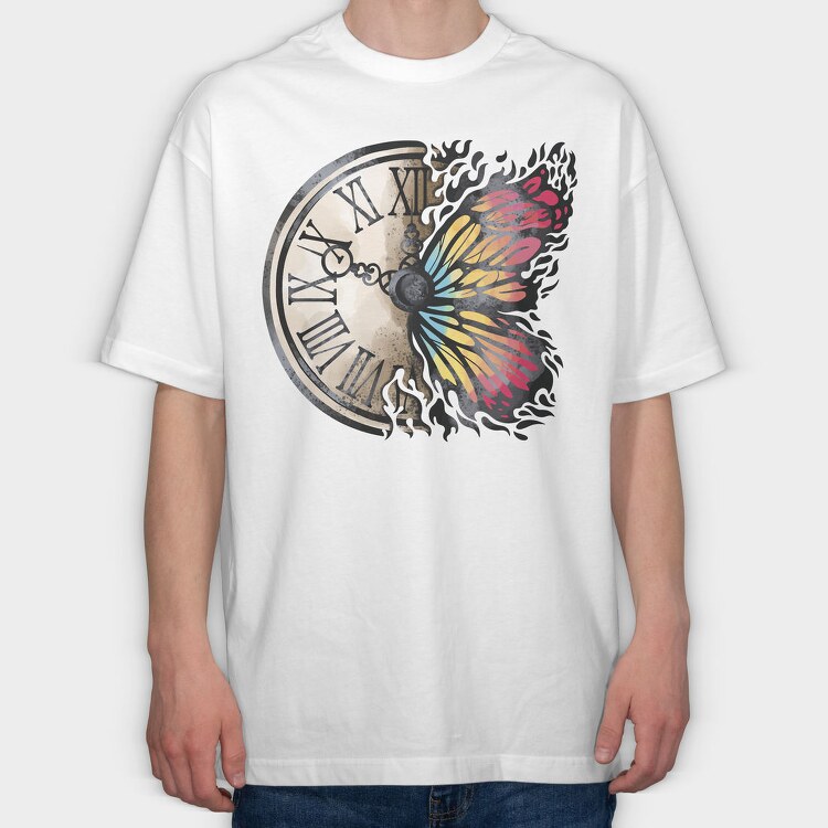Butterfly And Vintage Clock, Tricou Oversize Barbati (Unisex)