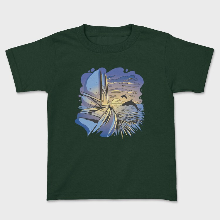 Dolphins And Boat Sail Yatch Sunset, Tricou Copii