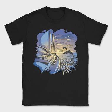 Dolphins And Boat Sail Yatch Sunset, Tricou Barbati (Unisex)