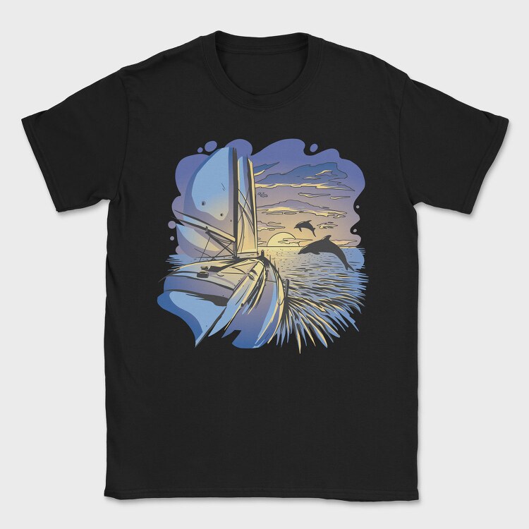 Dolphins And Boat Sail Yatch Sunset, Tricou Barbati (Unisex)