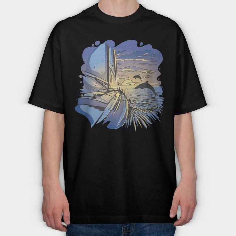 Dolphins And Boat Sail Yatch Sunset, Tricou Oversize Barbati (Unisex)