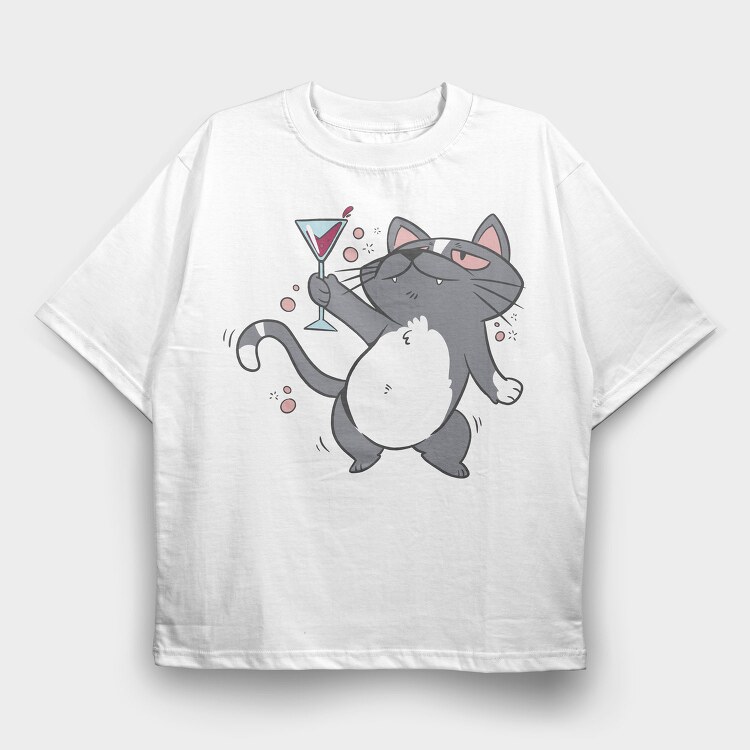 Drunk Cat With Drink, Tricou Oversize Barbati (Unisex)