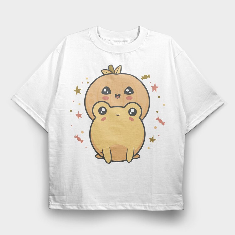 Frog With Pumpkin Kawaii, Tricou Oversize Barbati (Unisex)