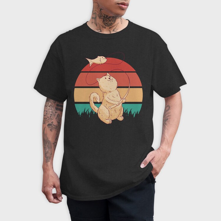 Cat Fishing Retro Sunset, Tricou Barbati (Unisex)