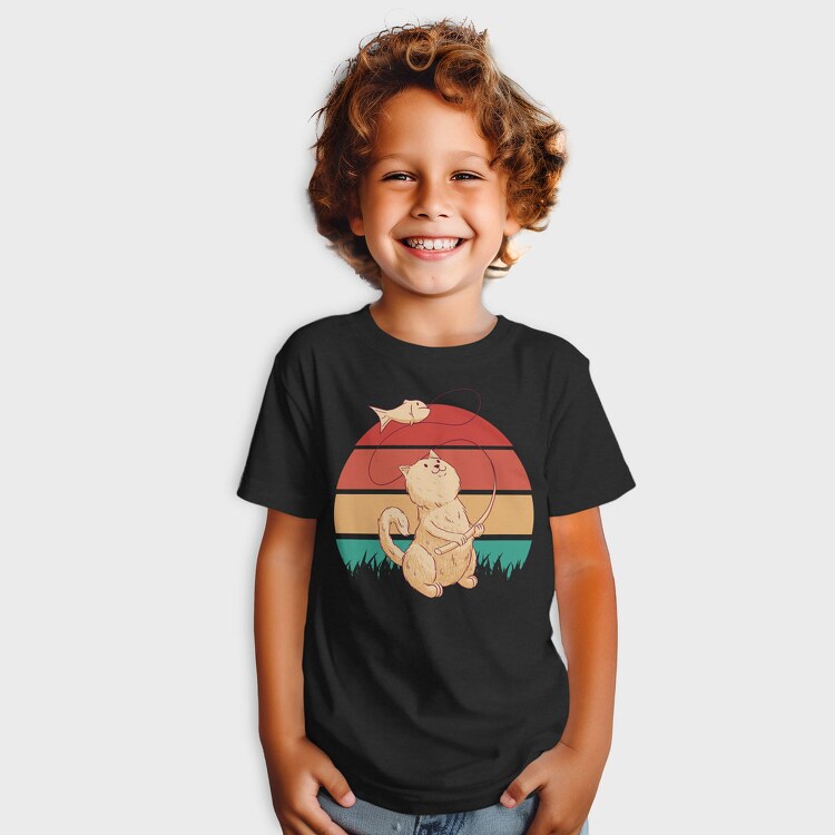 Cat Fishing Retro Sunset, Tricou Copii