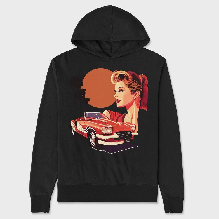 Classic Car Convertible Girl Trees, Hanorac Oversize Barbati (Unisex)