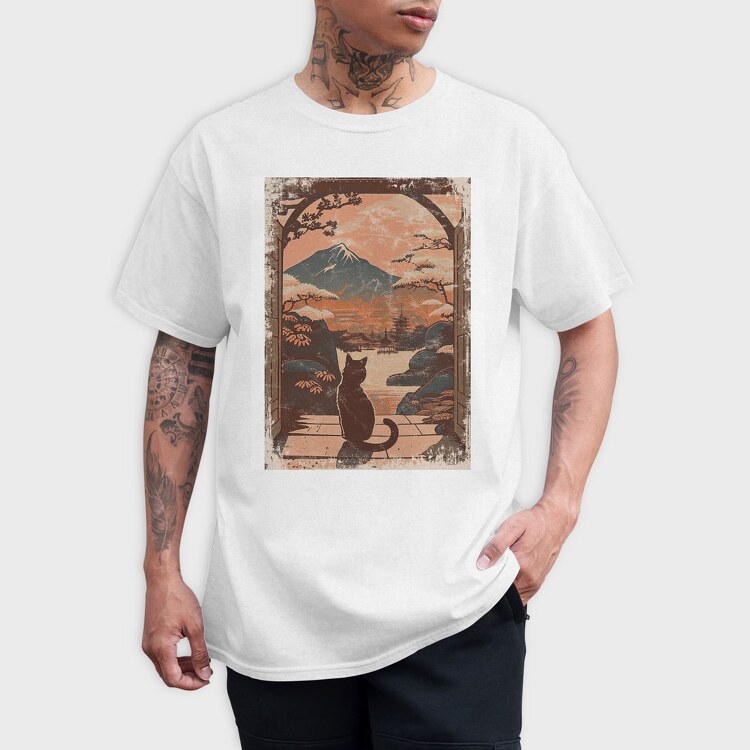 Cat Sitting Traditional Japanese, Tricou Barbati (Unisex)