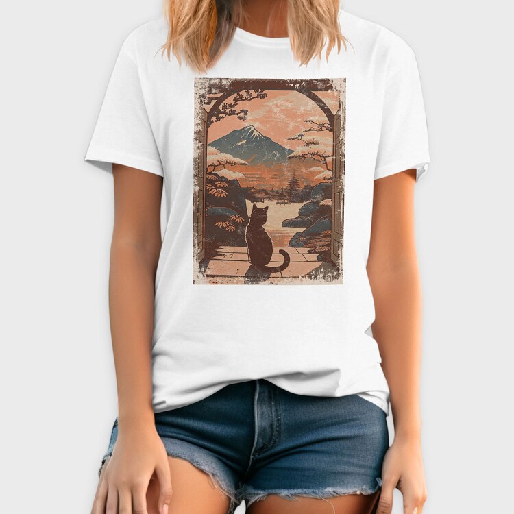 Cat Sitting Traditional Japanese, Tricou Barbati (Unisex)