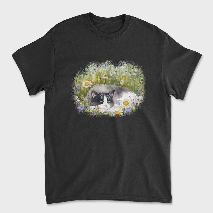 Cat Sleeping in Flower Field, Tricou Barbati (Unisex)