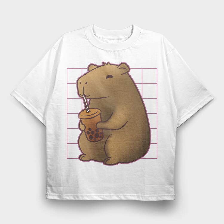 Capybara Drinking A Cup Of Tea Boba Tote, Tricou Oversize Barbati (Unisex)