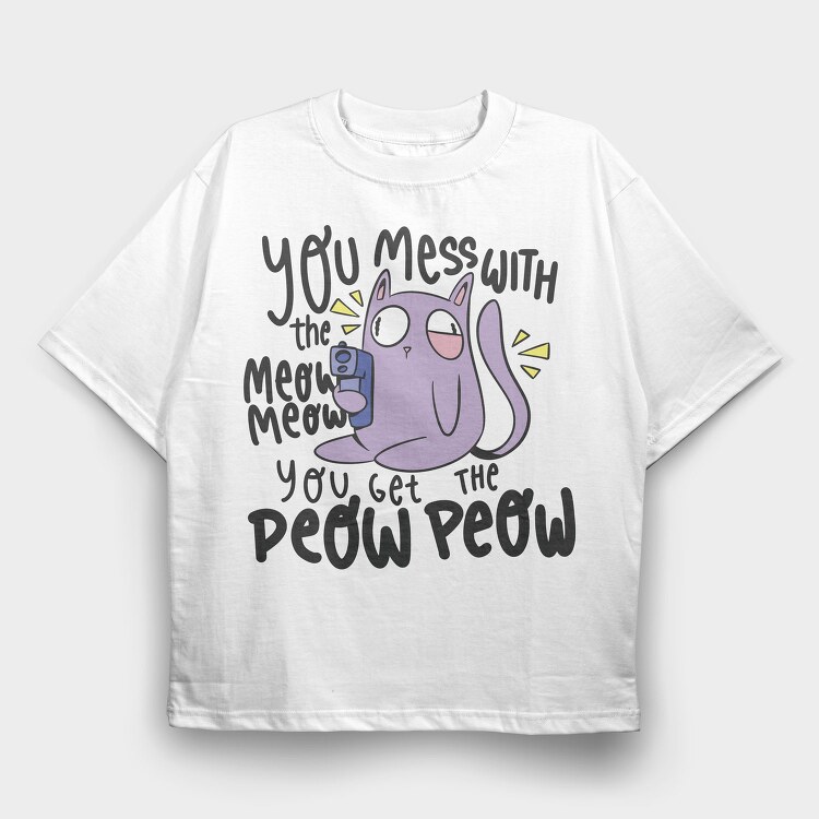 Cartoon Cat With Gun Meow Peow, Tricou Oversize Barbati (Unisex)