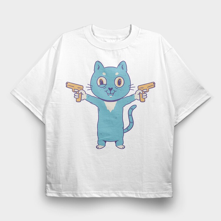 Cartoon Cat With Guns Pew Pew, Tricou Oversize Barbati (Unisex)