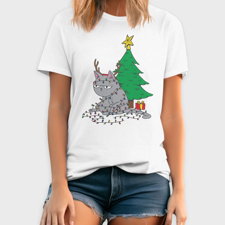 Cat Tangled in Christmas Lights, Tricou Barbati (Unisex)