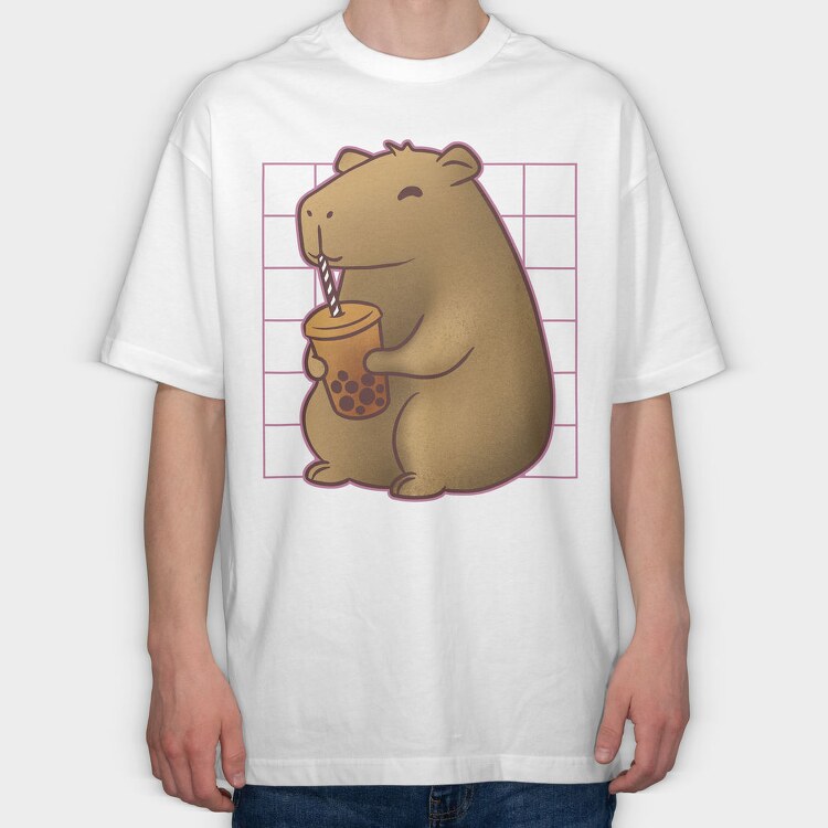Capybara Drinking A Cup Of Tea Boba Tote, Tricou Oversize Barbati (Unisex)