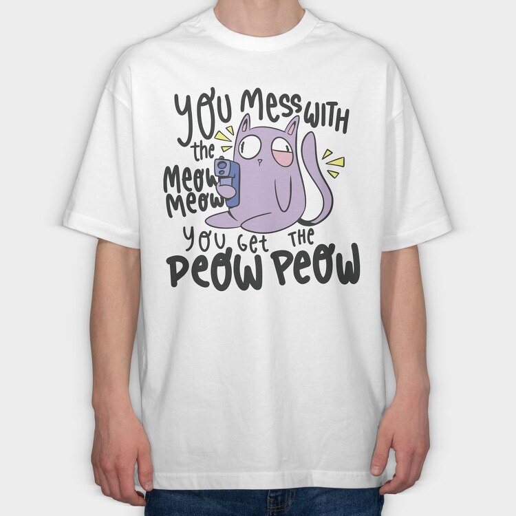 Cartoon Cat With Gun Meow Peow, Tricou Oversize Barbati (Unisex)
