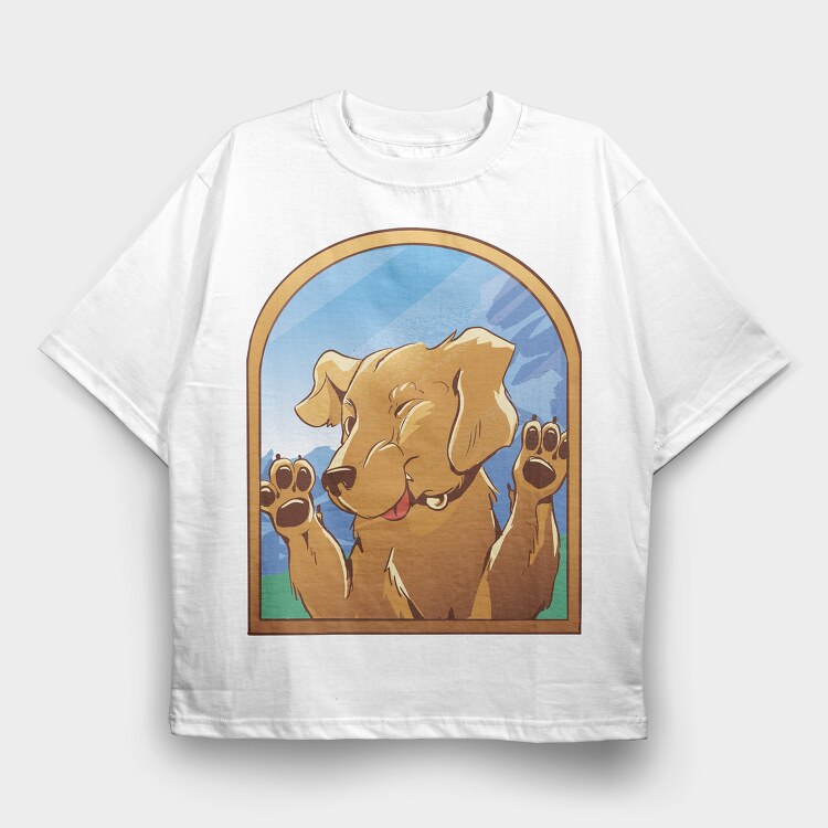 Cartoon Labrador Dog In Window Glass, Tricou Oversize Barbati (Unisex)