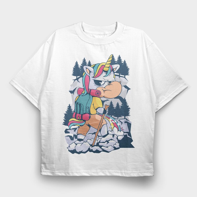 Cartoon Unicorn Hiking Pee On Mountain, Tricou Oversize Barbati (Unisex)