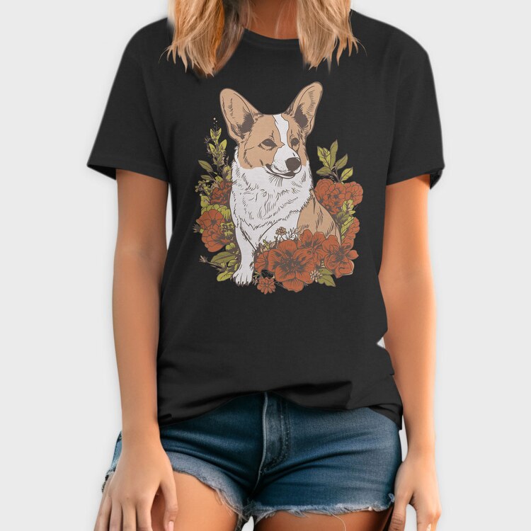 Corgi Dog Red Flowers, Tricou Barbati (Unisex)