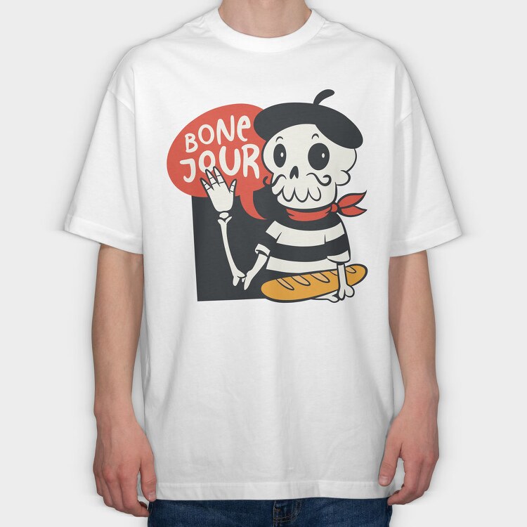 Cartoon French Skull Bone Jour, Tricou Oversize Barbati (Unisex)