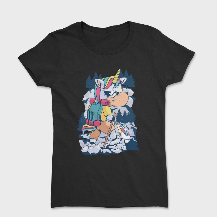 Cartoon Unicorn Hiking Pee On Mountain, Tricou Femei