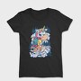 Cartoon Unicorn Hiking Pee On Mountain, Tricou Femei