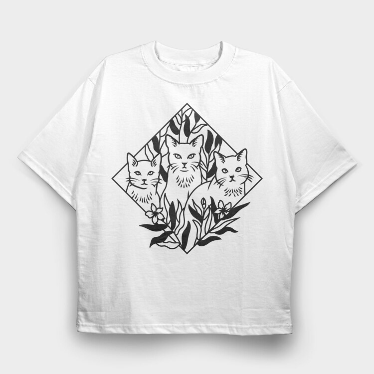 Elegant Cat Trio Illustration With Botanical Elements, Tricou Oversize Barbati (Unisex)