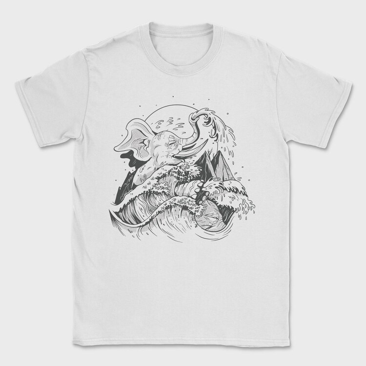 Elephant And Wave Hand Drawn Ukiyo, Tricou Barbati (Unisex)