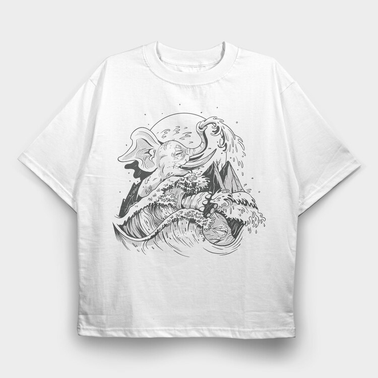 Elephant And Wave Hand Drawn Ukiyo, Tricou Oversize Barbati (Unisex)