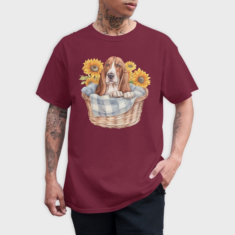 Basset Hound Sunflowers, Tricou Barbati (Unisex)
