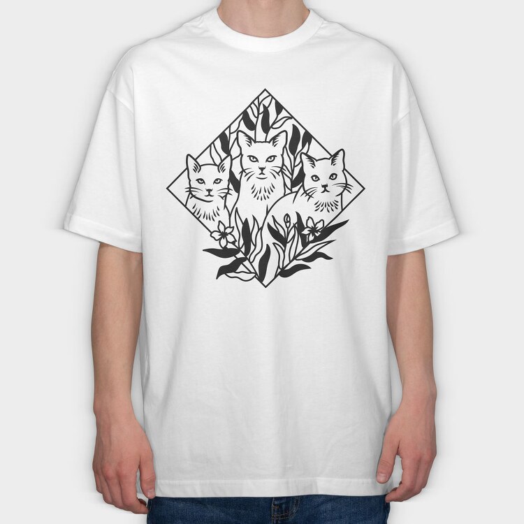 Elegant Cat Trio Illustration With Botanical Elements, Tricou Oversize Barbati (Unisex)