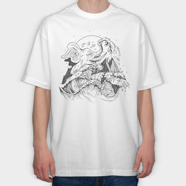 Elephant And Wave Hand Drawn Ukiyo, Tricou Oversize Barbati (Unisex)