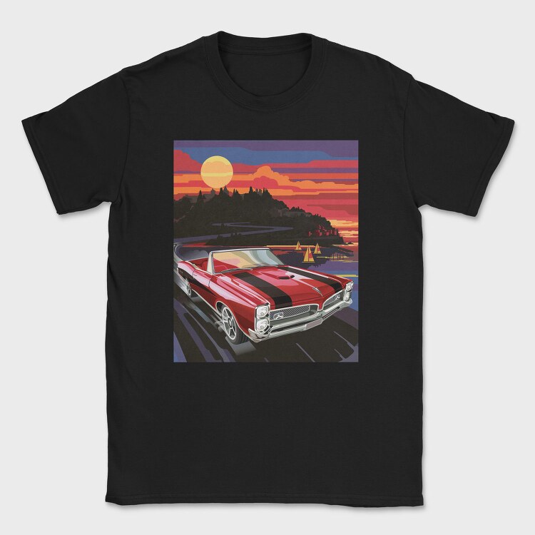 Coastal Vintage Car Cruise Red Sunset Sailboats, Tricou Barbati (Unisex)