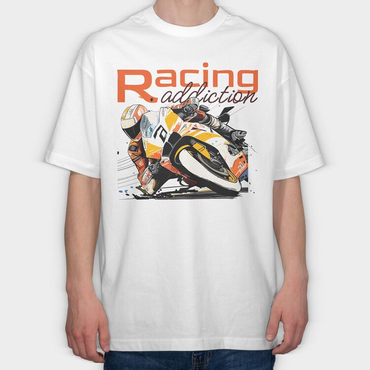 Tilted Competition Motorcycle With Rider Racing Addiction, Tricou Oversize Barbati (Unisex)