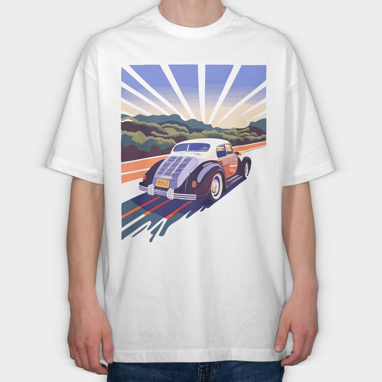 Classic Car Road Trees Sunset, Tricou Oversize Barbati (Unisex)