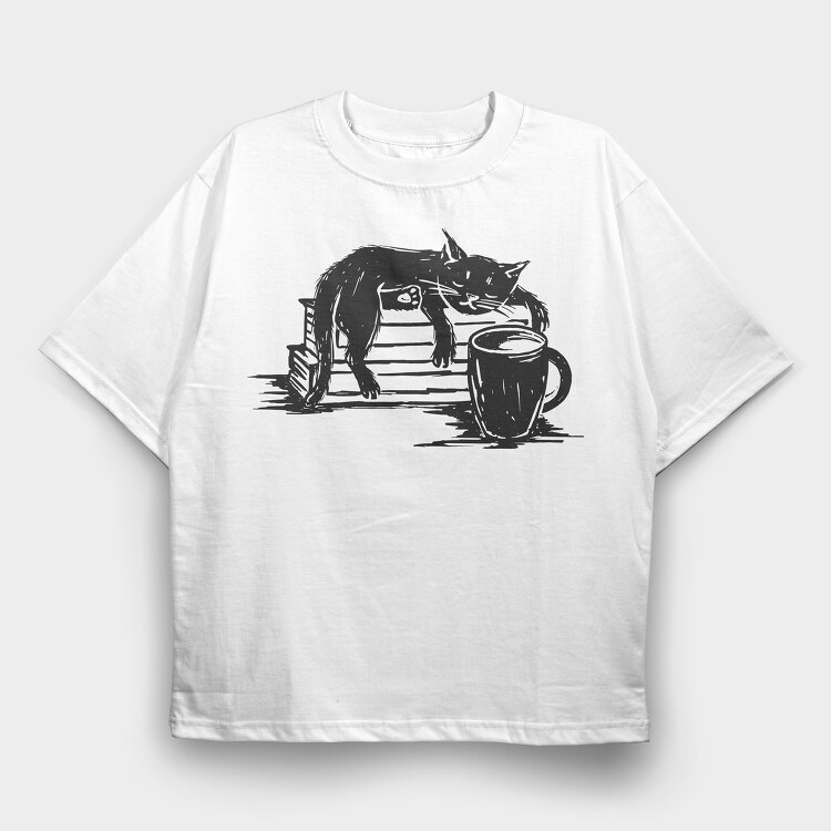 Cat And Coffee, Tricou Oversize Barbati (Unisex)