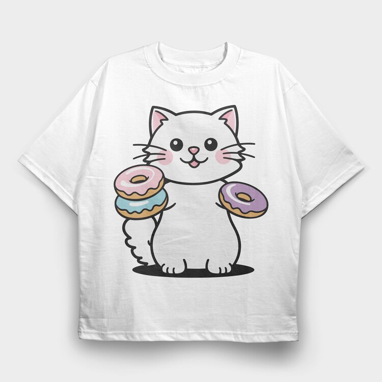 Cat And Donuts White Kitty, Tricou Oversize Barbati (Unisex)