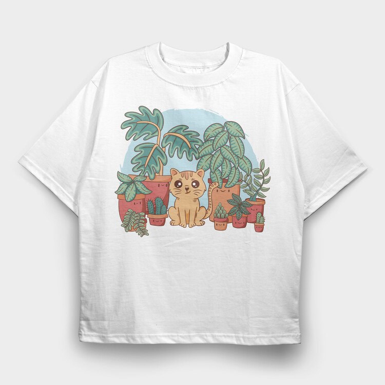 Cat And Plants, Tricou Oversize Barbati (Unisex)