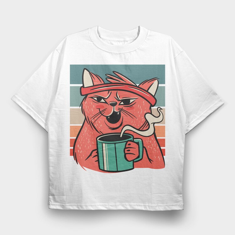 Cat Drinking Coffee (2), Tricou Oversize Barbati (Unisex)