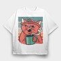 Cat Drinking Coffee (2), Tricou Oversize Barbati (Unisex)