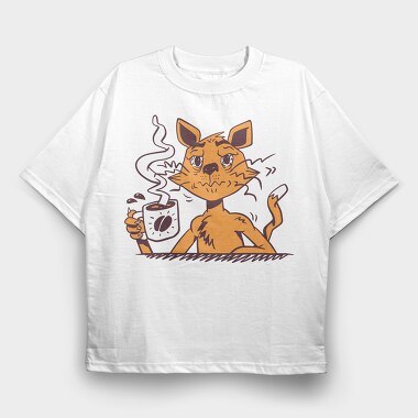 Cat Drinking Coffee, Tricou Oversize Barbati (Unisex)