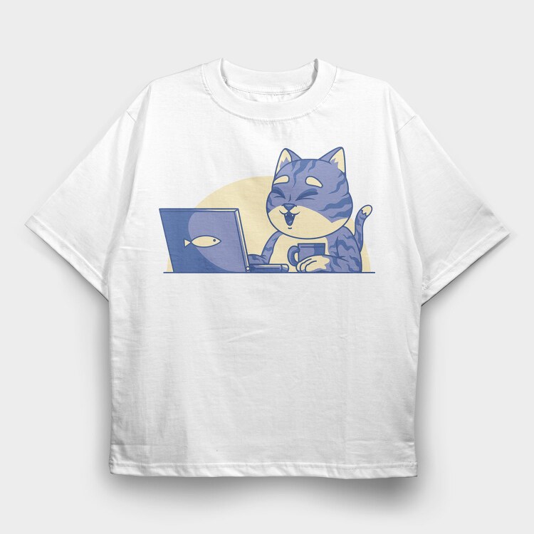 Cat In Front Of Computer, Tricou Oversize Barbati (Unisex)