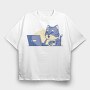 Cat In Front Of Computer, Tricou Oversize Barbati (Unisex)